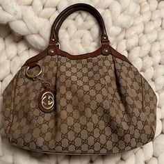 Authentic Gucci Sukey Medium Bag. Well Loved And Selling As Is, See Pics Of Wear In Fabric And Corners. Brown Gg Monogram. Professionally Cleaned. Authenticity Card As Pictured. Offers Are Welcome. Gg Monogram, Medium Bag, Gucci Bags, Better Love, Medium Bags, Vintage Gucci, Gucci Bag, Bag Lady, Monogram