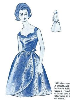 "Modes Royale 1993, ca. late 1950s - early 1960s; \"For semi-formal occasions...A sweetheart neckline and fitted bodice is followed by a bouffant wrap-a-around skirt with smartly tailored bow at the waistline. Charming in peau de soie, brocade or satins.\" Pattern is still in factory folds, never used. PLAIN, not printed, tissue. It comes with the satin sew-in label. No envelope but the green plastic bag is still with pattern. Fits ~~ Size 20 Bust 40 Waist 32 Hip 42 The direction sheet is wrinkl Plus Size Cocktail Dress, Dress Sweetheart Neckline, Plus Size Cocktail Dresses, Cocktail Evening Dresses, Roll Up Sleeves, 50s Fashion, Vintage Sewing Patterns, Fitted Bodice, Wrap Skirt