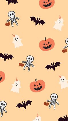 a halloween pattern with skeletons and jack - o'- lanterns on an orange background