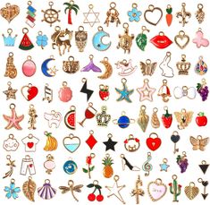 PRICES MAY VARY. QUANTITY - 110 pcs gold enamel charms, including flower, mermaid tail, star, moon, rabbit, strawberry, radish, butterfly, palm tree, crown, starfish and so on animal fruit charms. Enough quantity and designs to meet your different needs for DIY crafts. MATERIAL - Our jewelry making charms are made from zinc alloy, plated with gold color and colorful enamel, very shiny, non-fading, durable and no odors. A good choice for DIY lover. SIZE - Appr. 0.32" - 1.06" (8 - 27 mm). Actual s Tail Star, Butterfly Palm, Rabbit Strawberry, Flower Mermaid, Tree Crown, Pendants Necklace, Charms For Jewelry Making, Bracelet Charms, Jewelry Making Charms