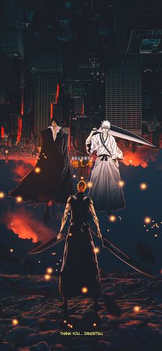 two anime characters standing in front of a cityscape with fire coming from them