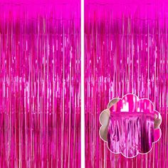 pink tinsel fringe curtain hanging from the ceiling in front of a mirror with reflection on it