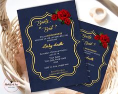 two red roses are on the front and back of this elegant wedding card, which is navy blue with gold trim