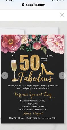 a black and gold 50th birthday party with flowers on the front, an elegant card that says