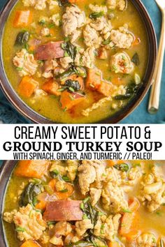 two bowls of creamy sweet potato and ground turkey soup