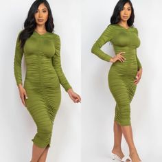 Introducing Our Brand New Olive Green Ruched Dress Featuring: Long Sleeves, High V-Neckline And Midi Length. This Versatile And Elegant Piece Is A Must Have Addition To Your Wardrobe, Effortlessly Combining Comfort And Sophistication. Perfect Dress To Wear For Your Next Date, Night Out, Or Other Special Occasion. Available Now In Sizes S-L. Size: S (Us 4-6) Size: M (Us 8-10) Size: L (Us 12-14) Recommended Size: True To Size 92% Polyester 8% Spandex Ships In 6-8 Days Casual Ruched Bodycon Midi Dress, Spring Stretch Midi Dress With Ruched Sides, Green Stretch Dress With Ruched Sides, Ruched V-neck Bodycon Dress For Brunch, Green Stretch Ruched Midi Dress, Casual Green Ruched Bodycon Dress, Green Stretch Midi Dress With Ruched Detail, Green Ruched Bodycon Midi Dress, Green Ruched Dress