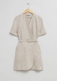 Tailored Linen Belted Mini Dress Fitted Summer Belted Dress With Pockets, Fitted Beige Belted Summer Dress, Fitted Beige Belted Dress For Summer, Work Dresses, Dress Crafts, V Cut, Fashion Story, V Cuts, Mini Dresses