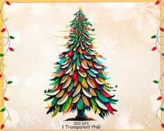 a christmas tree made out of colorful feathers in front of a snowflakes background