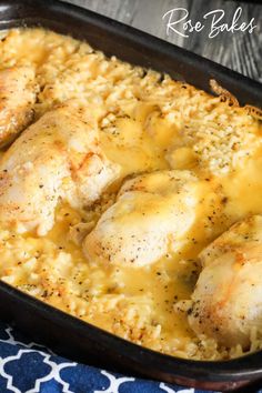 chicken and rice casserole in a black pan