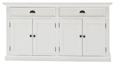 a white cabinet with three doors and two drawers on one side, against a white background