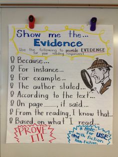 a bulletin board with writing on it that says show me the evidence use the following to provide evidence