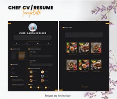 a black and yellow chef resume is displayed on a white table with purple flowers in the foreground