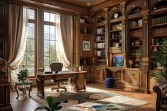 an old fashioned office with wood paneling and bookshelves, leather chairs, and a rug on the floor