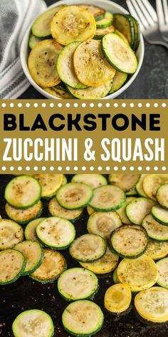 black stone zucchini and squash on a baking sheet with a bowl of sliced zucchini in the background