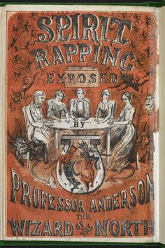 an old book with some writing on the front and back cover, featuring people sitting at a table