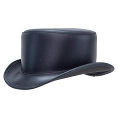 Bromley | Womens Leather Top Hat offers timeless elegance with its midweight cowhide leather construction. The unbanded design and classic top hat shape make it a versatile, sophisticated accessory. Material: Midweight Cowhide Leather Shape: Top Hat Trim: Unbanded Brim Size: 2” Crown Height: 4” Sweatband: AHM Velcro Assembled in the USA Understated Crown, Steampunk Hatter, Leather Top Hat, American Hat Makers, American Hat, Steampunk Leather, Steampunk Hat, Black Leather Top, Top Hats