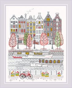 a cross stitch picture with buildings and trees on the water in front of a bike