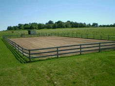 a large open area in the middle of a grassy field with fencing around it and horses grazing on the other side