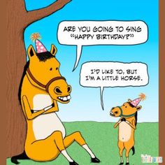 a cartoon horse is giving another horse a birthday hat