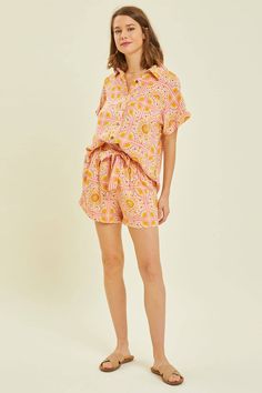 SET - BOHO SUN PATCH PRINTED SET WITH SHORT-SLEEVED BUTTON-DOWN SHIRT AND SHORTS WITH WAIST TIE Boho Sun, Shirt And Shorts, Midi Cocktail Dress, Comfy Shorts, Romper Dress, Short Jumpsuit, Shoe Style, Trouser Jeans, Waist Tie