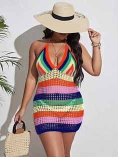 This Plus Size Colorful Crochet Halter Cover Up Dress is perfect for any summer day. Made with high-quality crochet material, this dress provides a comfortable and flattering fit for plus-size women. Its halter design adds a touch of style and the colorful crochet pattern adds a pop of color to your beach wardrobe. Enjoy your day in the sun with this stylish cover-up dress. Poly/Cotton Hand Wash Brand Size Dress Bust Waist Hip XS 0-2 31-32.5'' 23-24'' 31-34" S 4--6 33-35'' 25-26'' 35-37" M 8--10 35-36'' 27-28'' 38-39" L 12--14 38-40'' 29-31'' 40-42" XL 14-16 40-42'' 33.5-36'' 44-46" 2XL 18-20 42-44'' 37-40'' 47-50" 3XL 22-24 44-46'' 41-46'' 51-55" 4XL 26-28 46-48'' 47-50'' 56-60" Multicolor V-neck Halter Dress For Vacation, Multicolor V-neck Halter Dress For The Beach, Multicolor V-neck Halter Dress For Summer, Multicolor Crochet Dress For Spring Beach Cover-up, Casual Crochet Halter Neck Beach Dress, Bohemian Multicolor Halter Dress For Vacation, Summer Halter Neck Crochet Beach Dress, Multicolor Bohemian Halter Dress For Vacation, Summer Beachwear Crochet Dress With Halter Neck