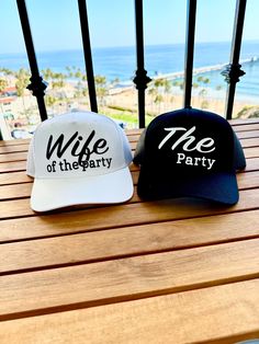 Wife of The Party, The Party Couple Trucker Hat, Engagement Hat, Honeymoon Hats, bachelorette Party  The lettering is super unique raised velvety suede like texture!  Please message us with any ideas.  Front: 65% Polyester 35% Cotton  Back: 100% Polyester Mesh Structured Firm Front Panel 5 panel cap Seamless Front Panel with Full Buckram 6 Rows Stitching on Visor Matching Fabric Undervisor Matching Color Sweatband Plastic Adjustable Snap Size: OSFM - Adult (58cm/22.8") Party Couple, Wife Of The Party, Party Hats, Trucker Cap, Bachelorette Party, Caps Hats, Trucker Hat, Accessories Hats, Electronic Accessories