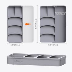 three compartments with dividers are shown for each compartment, and the other is divided into four sections