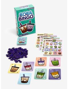 the board game boba bingo is shown with its contents and pieces scattered around it