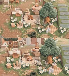 two pictures of an outdoor area with picnic tables, chairs and other things on the ground