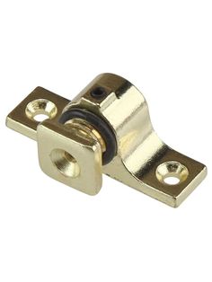 two brass plated latches with black knobs