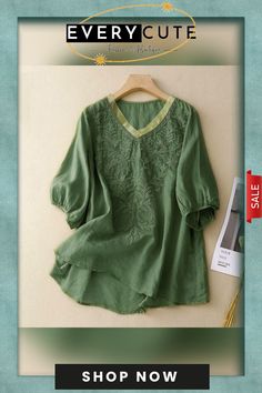 Retro Exquisite Embroidery V -neck Half Sleeve Shirt Elegant Embroidered Cotton V-neck Top, Green Long Sleeve Tops With Embroidered Neckline, Green Long Sleeve Top With Embroidered Neckline, Casual V-neck Blouse With Embroidered Neckline, Green Embroidered V-neck Top, Casual V-neck Blouse With Embroidered Hem, Cotton V-neck Blouse With Embroidered Hem, Embroidered Cotton V-neck Shirt, Cotton V-neck Shirt With Floral Embroidery