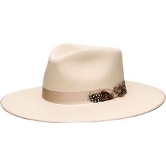 Classically designed and adorned with a feather, this classy Stetson is ready for a night on the town. When adventuring in the daylight, the medium-wide brim on this fedora provides sun protection, keeping us feeling as cool as we look. Spring Formal Fedora With Flat Crown, Elegant Wide Brim Fedora For Rodeo, Formal Western Boater Hat With Wide Brim, Elegant Fur Felt Panama Hat For Fall, Winter Fedora With Feather Trim, Winter Fedora Hat With Feather Trim, Elegant Wide Brim Panama Hat For Fall, Elegant Brimmed Boater Hat For Country Events, Kentucky Derby Flat Brim Fedora