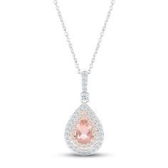 This lovely sterling silver necklace features a delightful pear-shaped morganite styled in 10K rose gold. The teardrop-shaped pendant is embellished throughout with sparkling white lab-created sapphires, which also shine on the bail. The pendant sways from an 18-inch cable chain that secures with a lobster clasp. Rose Gold Teardrop Necklace Fine Jewelry, Rose Gold Pear-shaped Fine Jewelry Necklace, Fine Jewelry Rose Gold Pear-shaped Necklace, Rose Gold Teardrop Diamond Necklace Fine Jewelry, Fine Jewelry Pear-shaped Rose Gold Necklace, Fine Jewelry Rose Gold Teardrop Diamond Necklace, Pear Shaped Rose Gold Fine Necklace, Pear Shaped Rose Gold Fine Jewelry Necklace, Pear-shaped Rose Gold Fine Jewelry Necklace