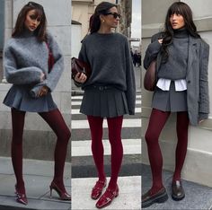 Burgundy Outfit Winter 2024, Skirts With Loafers Outfit, Loafer Skirt Outfit, Burgundy And Grey Outfits, Red Loafers Outfit Women, Outfit Bordeaux, Burgundy Tights Outfit, Burgundy Skirt Outfit, Bordeaux Outfit