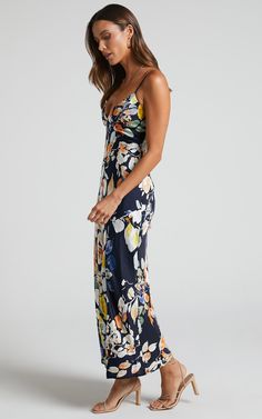 Jarrah Midi Dress - V Neck Thigh Split Slip Dress in Navy Floral | Showpo USA Spaghetti Strap Lined Midi Dress For Brunch, V-neck Midi Dress With Crisscross Straps For Date Night, V-neck Slip Dress With Crisscross Straps For Date Night, V-neck Dress With Crisscross Straps For Brunch, Spaghetti Strap Midi Dress With Side Slits For Brunch, V-neck Midi Dress With Crisscross Straps For Summer, Summer V-neck Midi Dress With Crisscross Straps, Summer Midi Dress With Crisscross Straps And V-neck, Elegant Floral V-neck Slip Dress