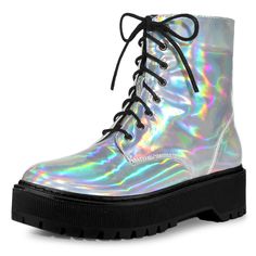 These colorful combat boots features round toe, lace up decor, zipper closure. Designed to fashion and cool style to any look, this style goes great with both jeans and shorts. Platform Ankle Boots; Side Zipper Closure; Platform; Round Toe; Vamp: Faux Leather; Outsole: TPE; Heel: TPE; Heel Height: 1 7/9 inches; Shape Height: 5 1/2 inches; Platform Height: 1 3/8 inches. Color: silver. Gender: female. Age Group: adult. Pattern: Solid. Heel Combat Boots, Platform Combat Boots, Shoes Boots Ankle, Closed Toe Shoes, Faux Leather Heels, Wedge Ankle Boots, Block Heel Shoes, Platform Heels Chunky, Platform Ankle Boots