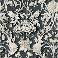 an intricately designed wallpaper with white flowers and birds on grey background in the style of art nouveauism