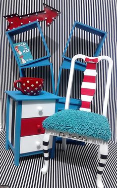 a blue and white striped chair with red, white, and blue accents