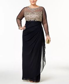 XSCAPE - Plus Size Embroidered Illusion Gown Dresses For Apple Shape, Illusion Gown, Apple Shape, Plus Size Gowns, Mother Of Groom Dresses, Apple Shaped, Bride Clothes, Gowns Online, Review Dresses