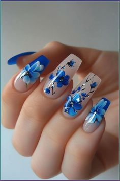 50 Winter Nail Designs You'll Want To Try This Season 2024 | New Years Nails Eve Designs Blue Flowers Nail Art, Gala Nails, Nails Navy, Pink Flower Nails, Nails Flower, Simple Spring Nails, Cute Spring Nails, Blue Nail Designs, Blue Nail