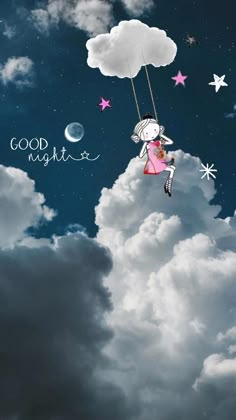 a girl flying through the air on a cloud with stars and moon in the sky