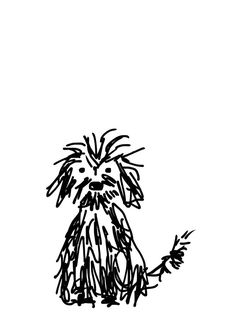 a black and white drawing of a dog sitting on the ground with grass in front of it