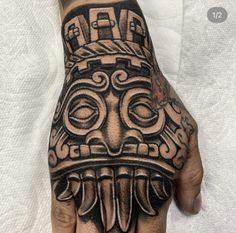 a man's hand with a tattoo design on it