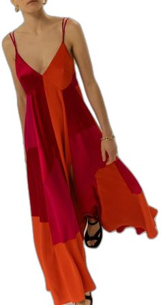 Summer Silk Patchwork Dress, Multicolor Silk Dress With Spaghetti Straps, Multicolor Silk A-line Midi Dress, Spring Silk Dress With Patchwork, Spring Silk Patchwork Dress, Red Silk Dress With Spaghetti Straps, Summer Evening Patchwork Dresses, Chic Multicolor Satin Dress, Silk Crepe