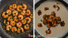 two pictures side by side showing shrimp being cooked in a skillet, and the same photo shows how to cook shrimp