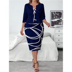 -Item Id 42183229 -Details: Split, Zipper -Neckline: Round Neck -Sleeve Type: Regular Sleeve -Style: Elegant -Color: Navy Blue -Pattern Type: Graphic, Plain, All Over Print -Outerwear & Dresses Sleeve Length: Long Sleeve -Outerwear & Dresses Length: Knee Length -Top Type: Blouse -Bottom Type: Skirt -Outerwear & Dresses Material: Knitted Fabric -Outerwear Composition: 96% Polyester, 4% Elastane -Dresses Composition: 89% Polyester, 11% Elastane -Fit Type: Regular Fit -Fabric: High Stretch -Care In Blue Office Dress For Winter, Blue Winter Office Dress, Navy Fitted Winter Dress, Casual Simple Dress, Print Outerwear, Set Plus Size, Dress Sleeve Length, Dress And Jacket, Long Sleeve Outerwear