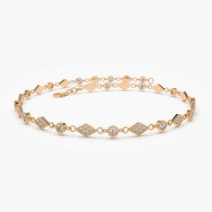 Bracelet Information Diamond Type : Natural Diamond Metal : 14k Gold Metal Color : Rose Gold, Yellow Gold, White Gold Round Diamond : 1.5mm Total Carat Weight : 0.55 Ttcw Diamond Color Clarity : G Color Si Clarity Sku : Vl-Blt-73 Lead Time: 4-8 Weeks (If Out Of Stock) Jewelry Care Over The Course Of Time, Body Oil And Skin Products Can Collect On Jewelry And Leave A Residue Which Can Occlude Stones. To Keep Your Jewelry Looking Bright And New, Take A Soft Headed Toothbrush With Some Mild Soap And Gently Brush The Front And Back Of The Stones And Metal. Rinse Thoroughly With Tepid Water. We Do Not Suggest Putting Jewelry In An Ultrasonic To Clean. Steam Cleaning Works Well, But Do Not Ste Solitaire Bracelet, Art Deco Bracelet, Pretty Bracelets, Art Deco Diamond, I Love Jewelry, Diamond Color, Diamond Bracelets, Diamond Art, Gold Yellow