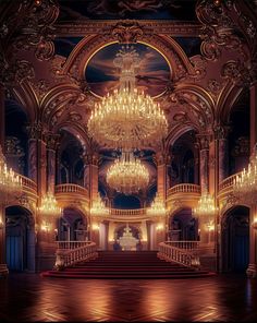 an ornate chandelier hangs from the ceiling in front of a stage with stairs