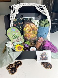 a basket filled with lots of items on top of a table