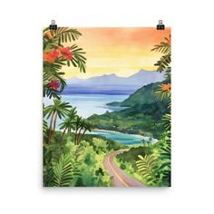 a painting of a tropical landscape with mountains and trees